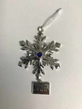 Snow Glad we are Friends Snowflake Christmas Ornament Shiny Blue Stone Centre